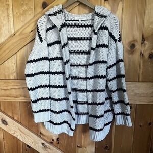 Rewind Women's Medium Knit Cardigan Hooded Long Sleeve Cream Beige Black Stripes